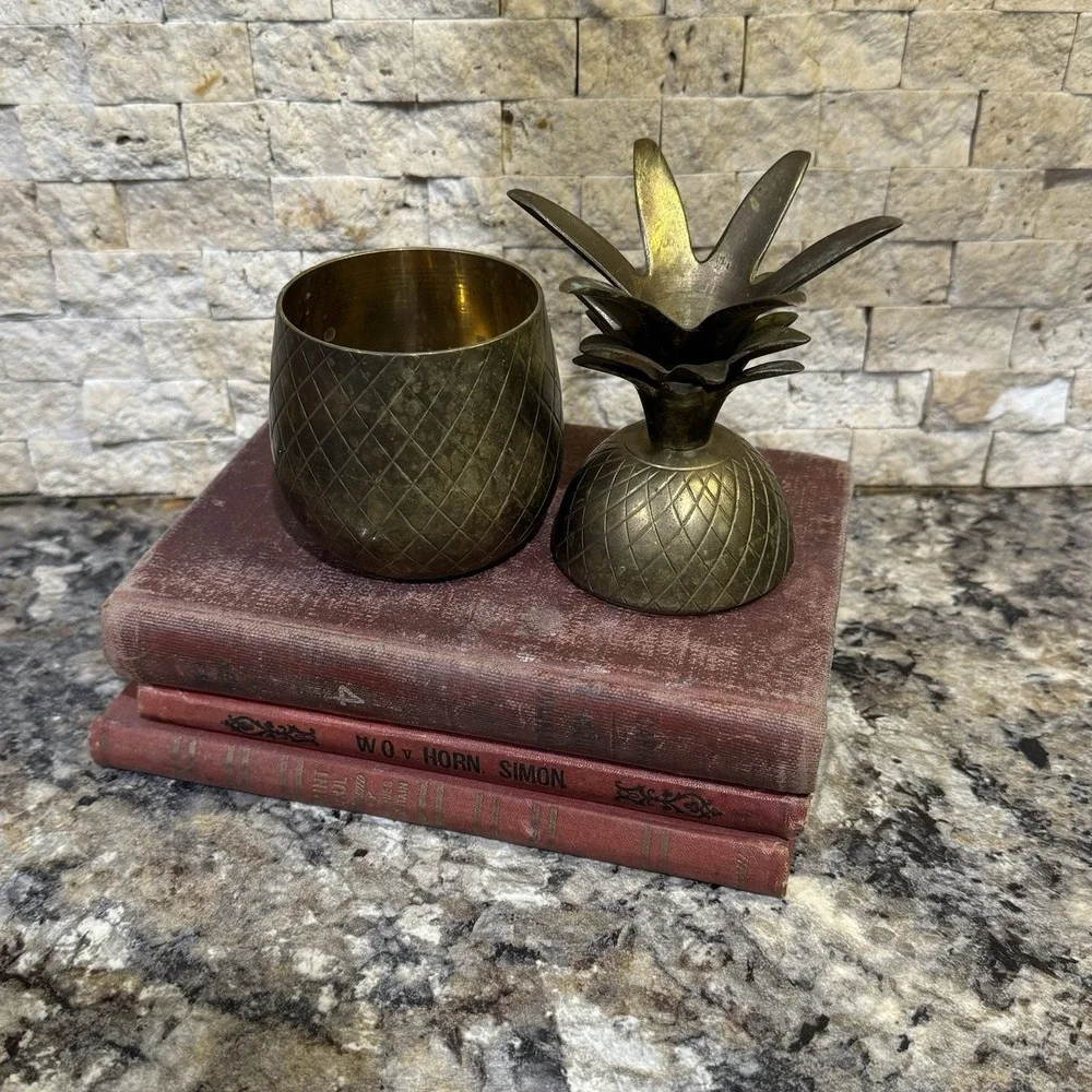 Vintage Brass Pineapple Jar Container Canister with Lid  7'' Tall Mid Century